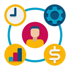Digitization features illustration with clock, gear, person, chart and money icons