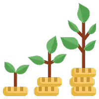 Growth illustration with progressively taller plants and stacks of coins
