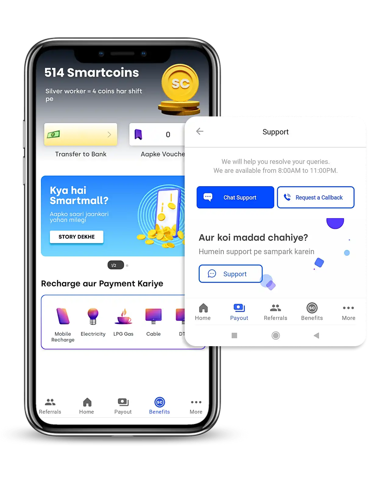 Mobile app interface showing Smartmall with balance and BBPS integrations